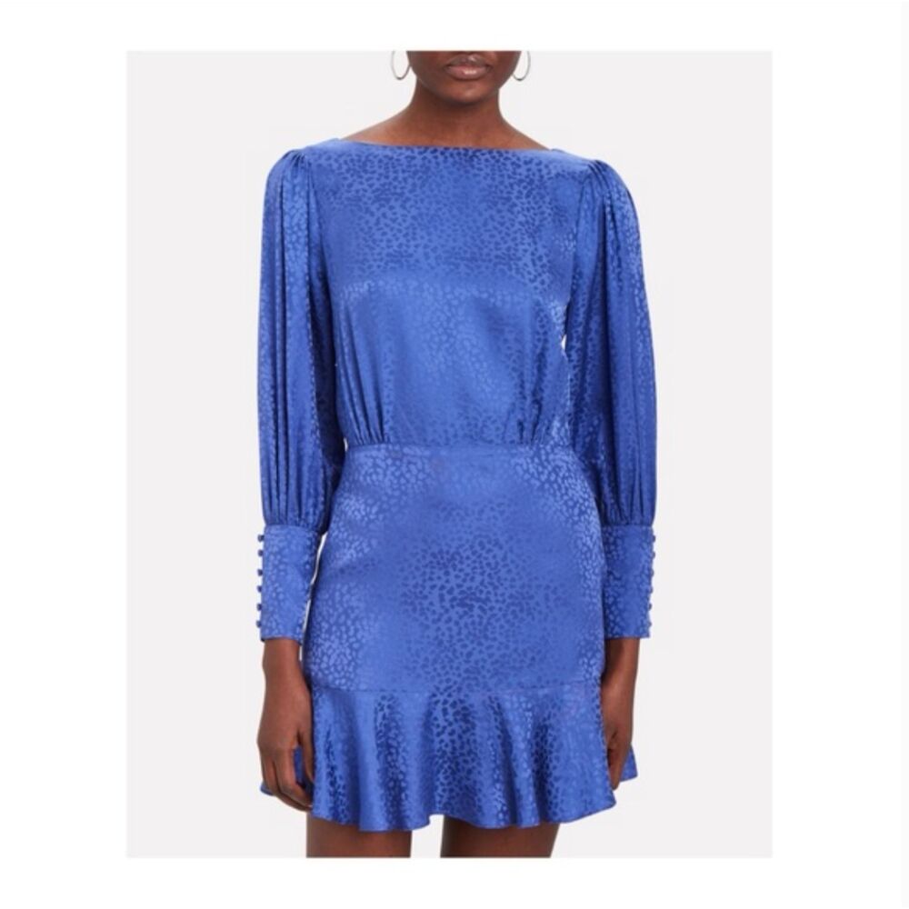 Intermix Nicola Blue Cheetah Jacquard Silk Dress Sz 0 Long Blouson Sleeve Ruffle
